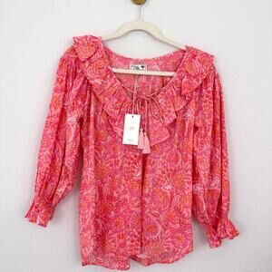 Mille Womens Ruffle Blouse Top Size XS Resort Summer Floral 100% Cotton Pink